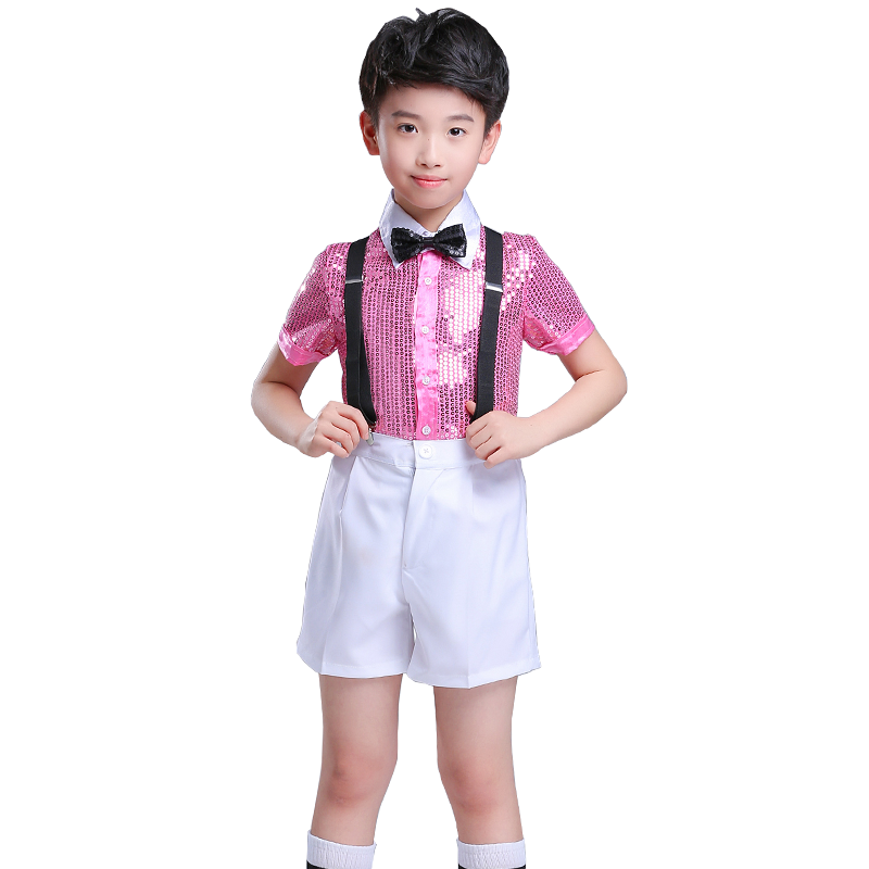 儿童演出服小学生男童亮片背带裤男孩幼儿园舞蹈男生元旦表演服装