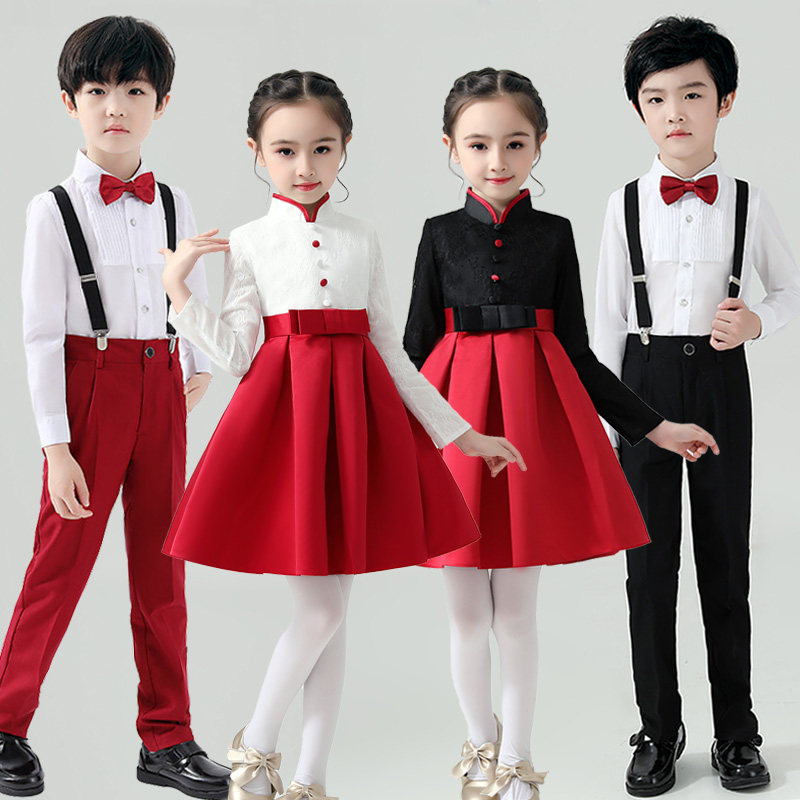 儿童演出服女童舞蹈裙男童合唱小学生红色主持人礼服元旦表演服装