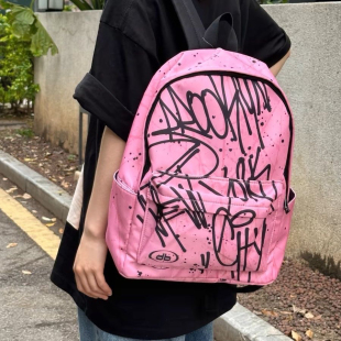 原创潮包涂鸦风美式双肩包初中女生高颜值书包通勤百搭背包粉色