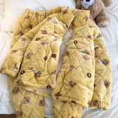 卡通家居服套装 可爱卡通小熊三层夹棉袄睡衣女冬季 加厚保暖长款