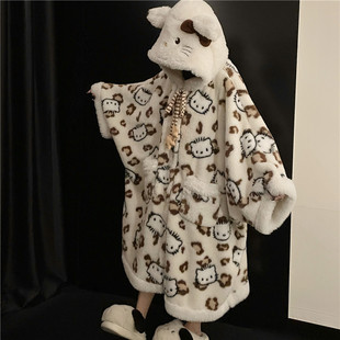 2025年新款天鹅绒冬季珊瑚绒甜美睡袍女加厚卡通连帽可爱家居服