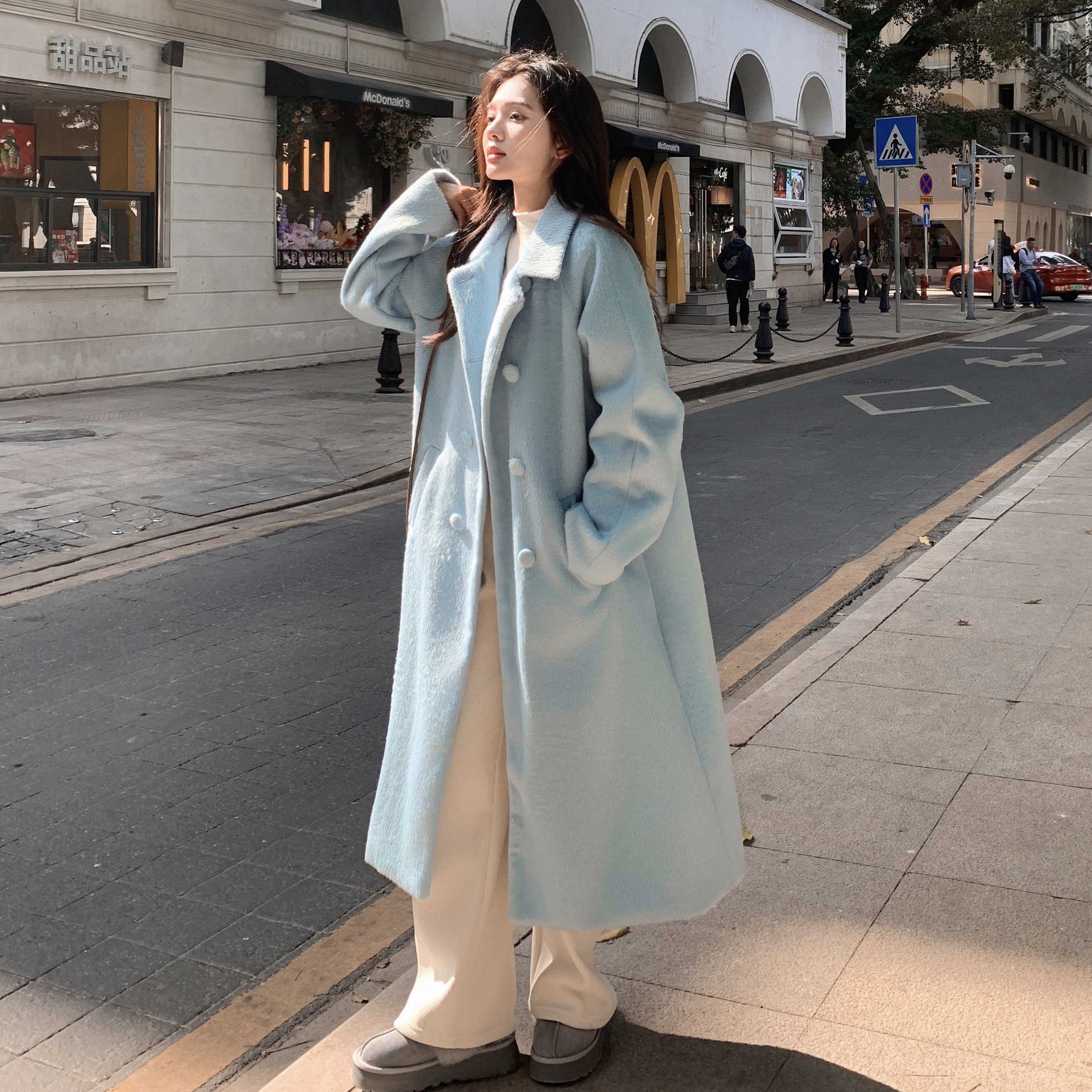 蓝色呢子大衣  新长款宽松呢大衣女士慵懒风外套冬羊毛呢