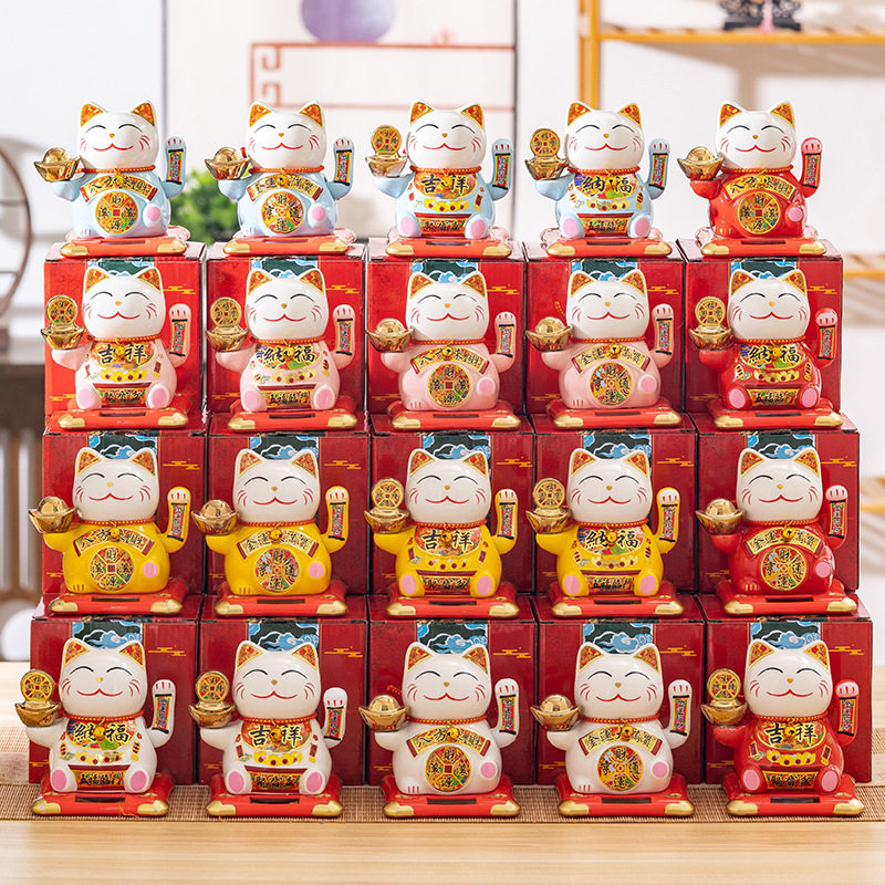 太阳能车载摆件陶瓷招财猫自动摇手客厅门店礼品汽车日式猫新款