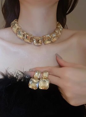 欧美夸张方形项链choker轻奢时尚高级感小众脖颈链耳环女款配饰品