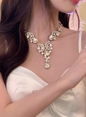 全场焦点~超闪银色水滴锆石项链高级感气质晚宴新娘礼服配饰颈链