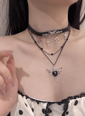 小众Y2k甜酷辣妹设计感皮项圈叠带双层几何形项链chocker
