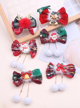 儿童圣诞头饰辅料可爱毛球秋冬发夹diy发饰红绿色蝴蝶结手工发卡