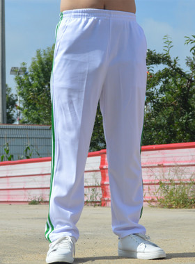 春秋夏白色运动裤男女薄款速干直筒宽松两条绿杠广场舞团体操长裤