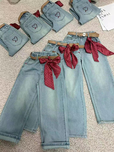 天依角直筒牛仔裤27130丝带波点蝴蝶结25年版春中大童亲子青少年