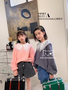 Anika品牌童装2021春新女中大童韩卫衣蕾丝领圆领套头娃娃衫版