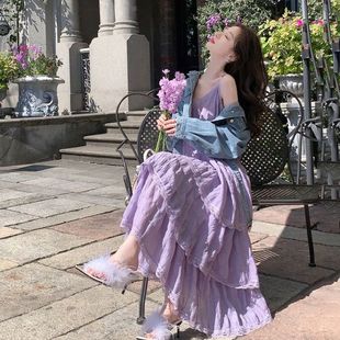 法式 温柔风甜美吊带紫色连衣裙女夏季 新款 海边度假沙滩裙无袖