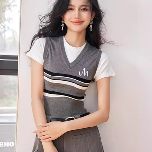 R3225美式 复古假两件短袖 冰感针织小上衣甜酷辣妹刺绣修身 短款