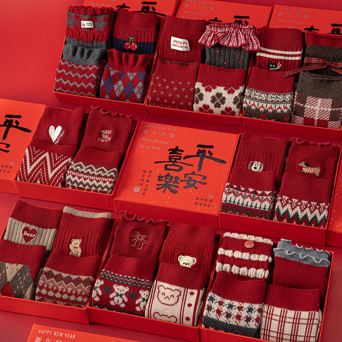 【原版正品】本命年红色羊毛袜女冬季加厚中筒袜子女新年袜礼盒装