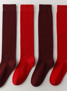 安可拉红袜子女春秋纯棉无骨长筒堆堆袜秋冬本命年红色及膝小腿袜