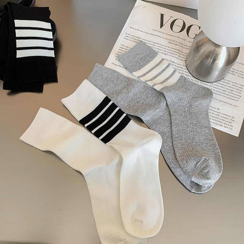 三杠条纹袜子女春夏季薄款纯棉中筒袜长袜日系ins风少女袜堆堆袜