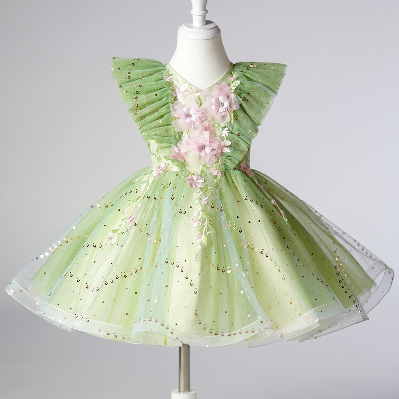 2024网纱公主裙连衣裙绿色花童装礼服表演服六一演出服