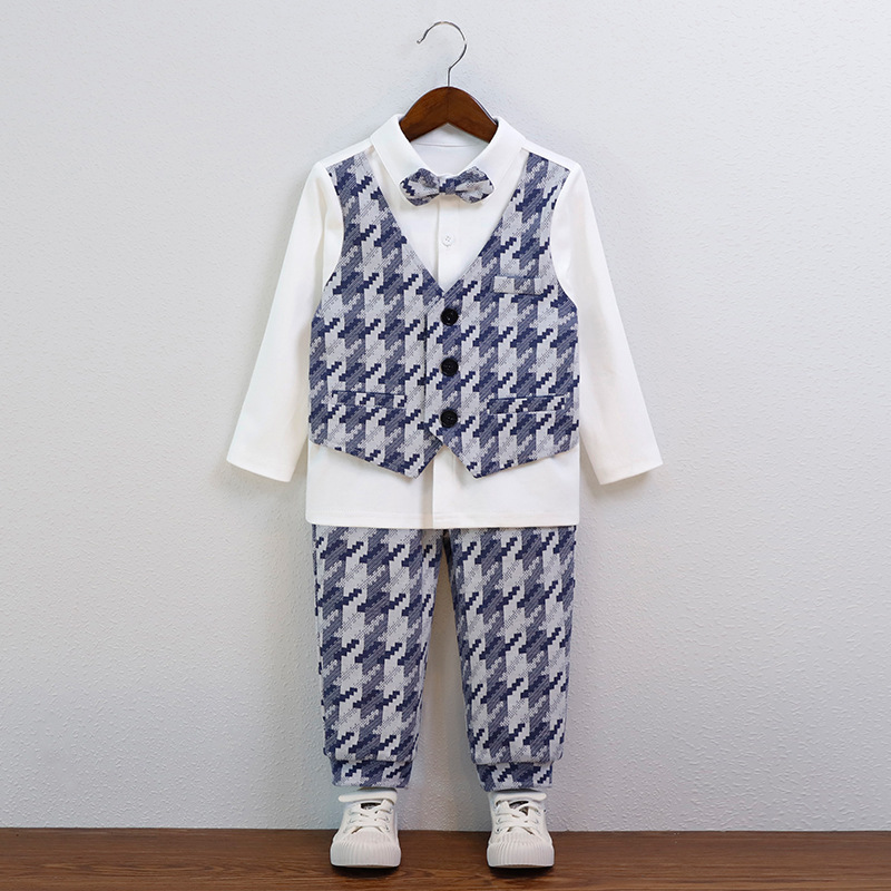 儿童春秋礼服男童拼接假两件长袖衬衫马甲套装婴幼儿百日周岁西服