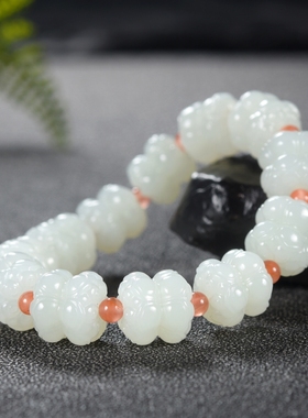 【楼兰璞钰】天然和田玉白玉并蒂莲南红单圈手串原创精品设计