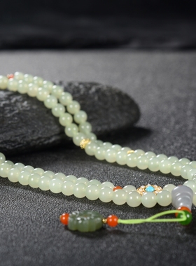 【楼兰璞钰】天然和田玉晴水圆珠6mm多圈手链精品原创设计项链