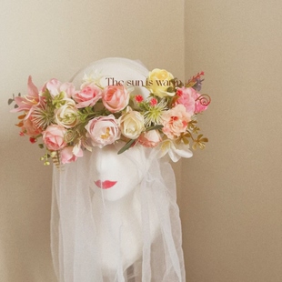 原创森系粉色玫瑰花朵发箍布艺圆形头饰花环小清新浪漫发饰拍照