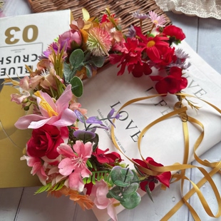 原创设计森系仙女风仿真花环头饰新娘写真拍照渐变红色演出头花