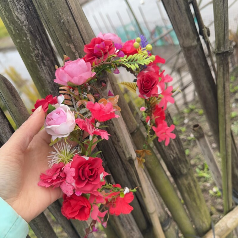 复古中国风仿真花环头饰女红粉色演出活动拍照头饰编发饰古风发箍