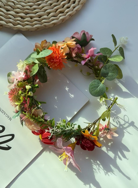 女日韩绢花粉橘红花朵植物花卉儿童花环大人头饰春游红橙色花环