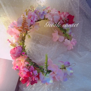 森系甜美花环发饰女仿真粉色玫瑰超仙优雅新娘头饰拍照写真头饰