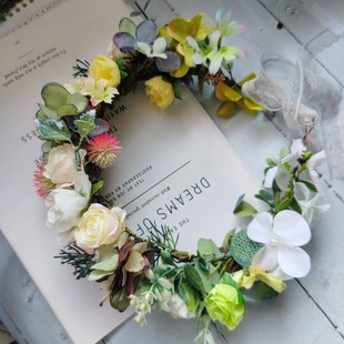 森系仿真花环头饰六一儿童节学校舞蹈表演浅绿白色清新花环头箍