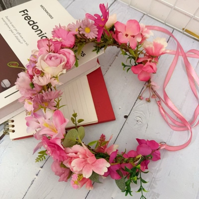 森系仿真花环头饰新娘婚礼拍照度假深粉色玫瑰加密花朵发饰