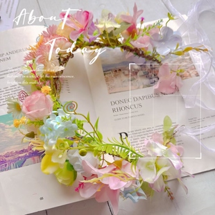 森林系花环花朵仙女头饰旅游发箍拍照道具新娘结婚原创发饰粉绿色