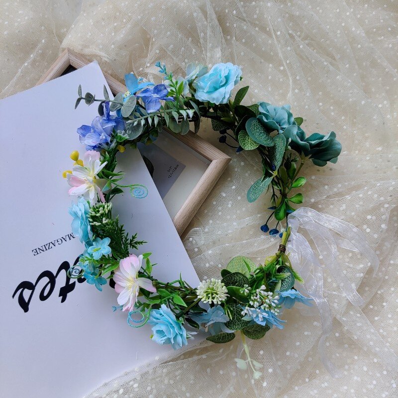DIY田园森系风浅蓝色玫瑰菊花仿真布艺花环头饰姐妹拍照道具发饰