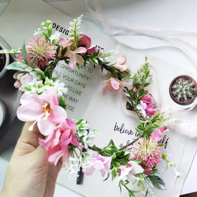 森系精灵头饰田园风表演出头花浅粉色发饰仿真植物叶子花朵花环