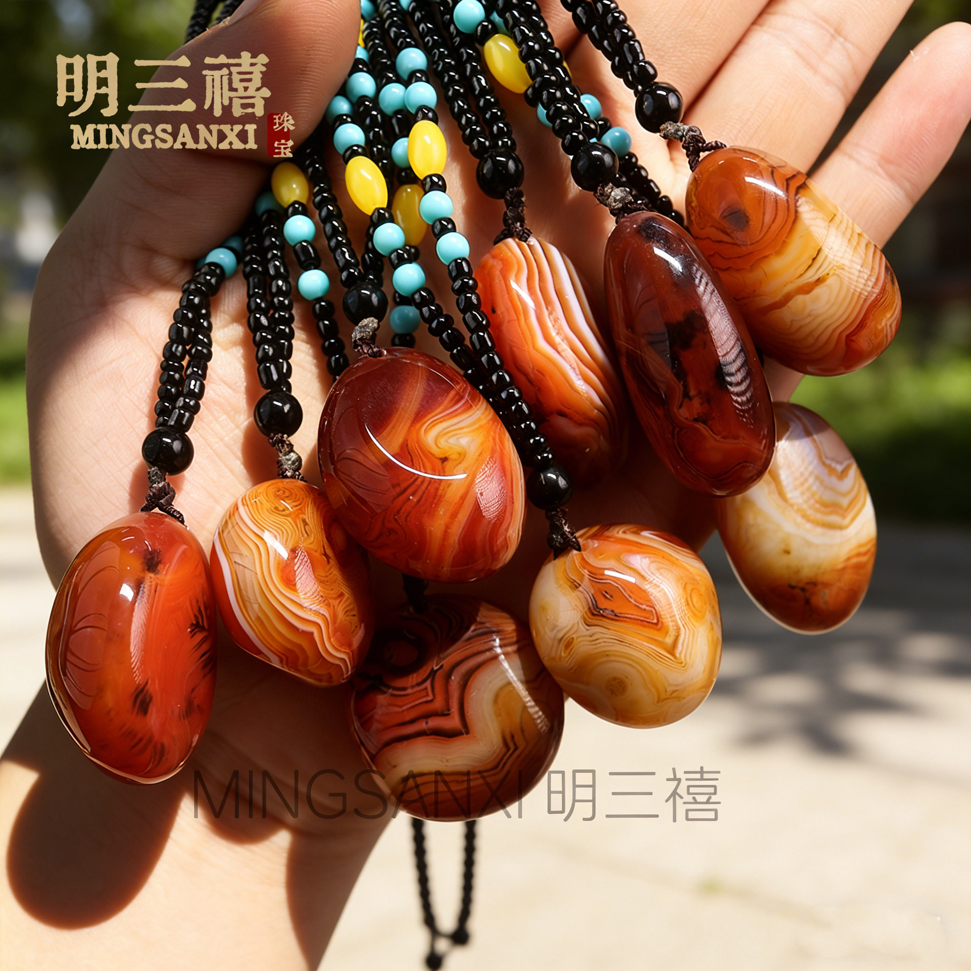 天然缠丝玛瑙条纹吊坠鹅卵石雨花项链