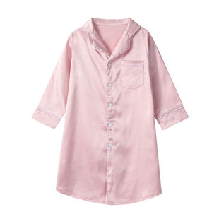 女童睡裙夏季薄款仿真丝绸长袖青少年女孩儿童睡衣裙子母女亲子装