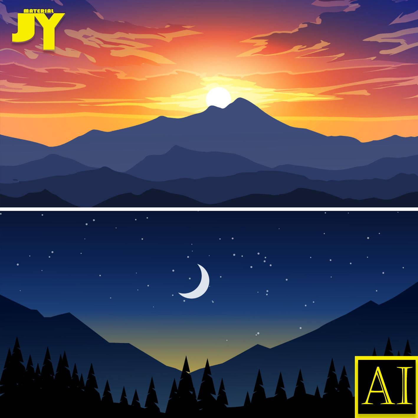 矢量扁平剪影意境远山落日山峦森林公路城市山水自然风景插画素材