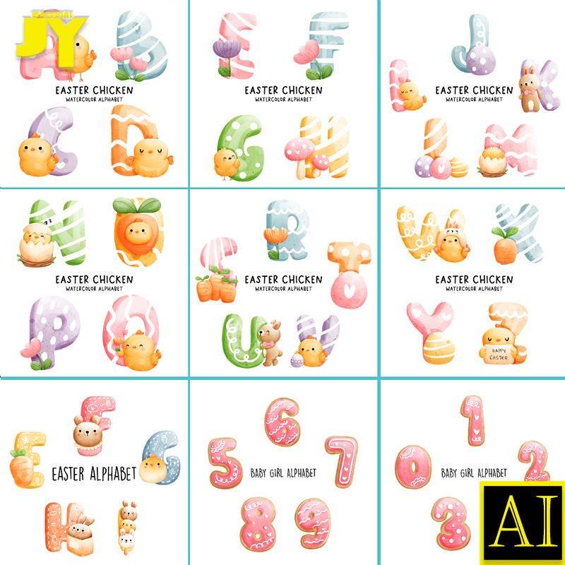 ins卡通26个英文字母动物主题创意插画12345678910数字设计素材