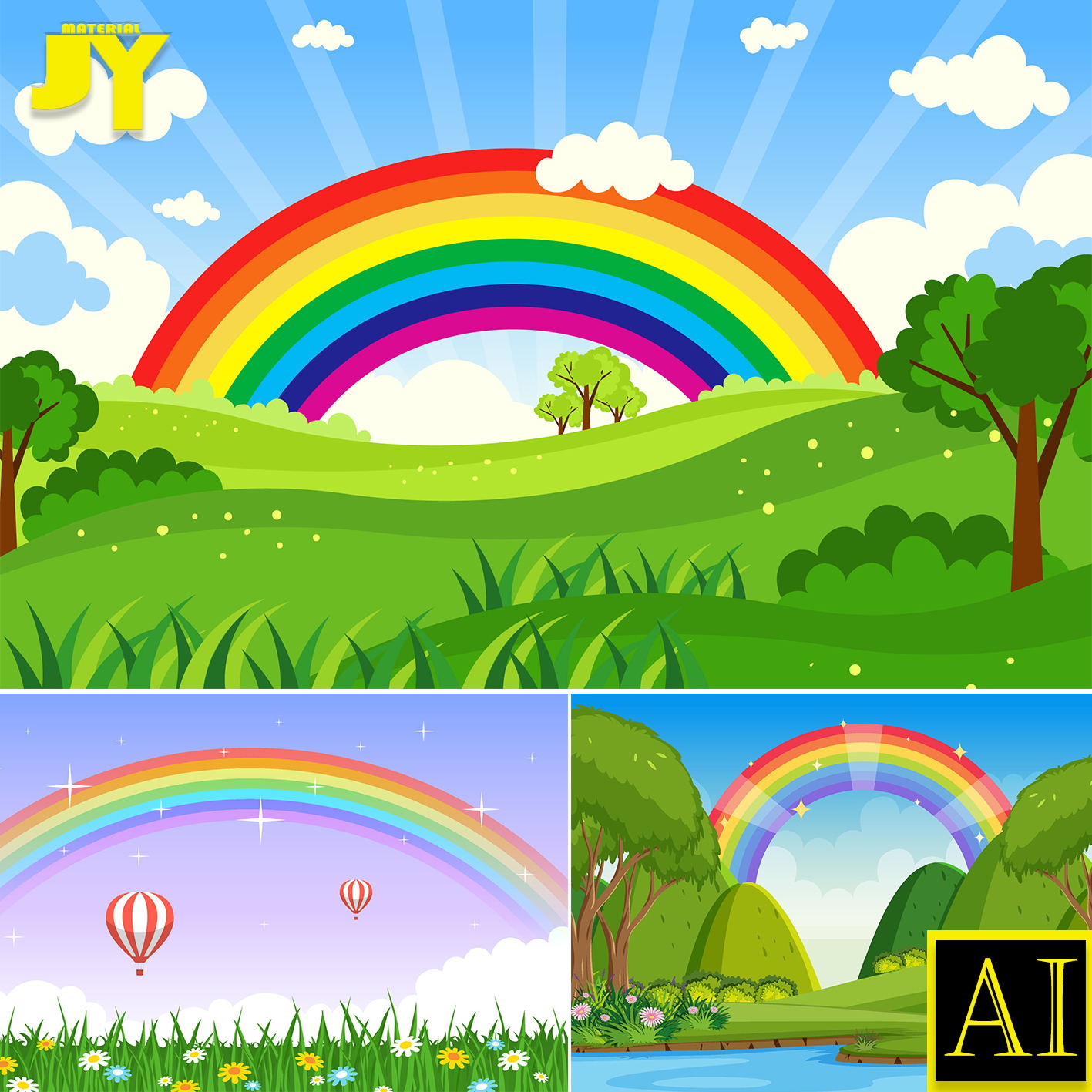 矢量卡通梦幻彩虹云朵大自然向日葵小花小草小清新背景墙纸ai素材