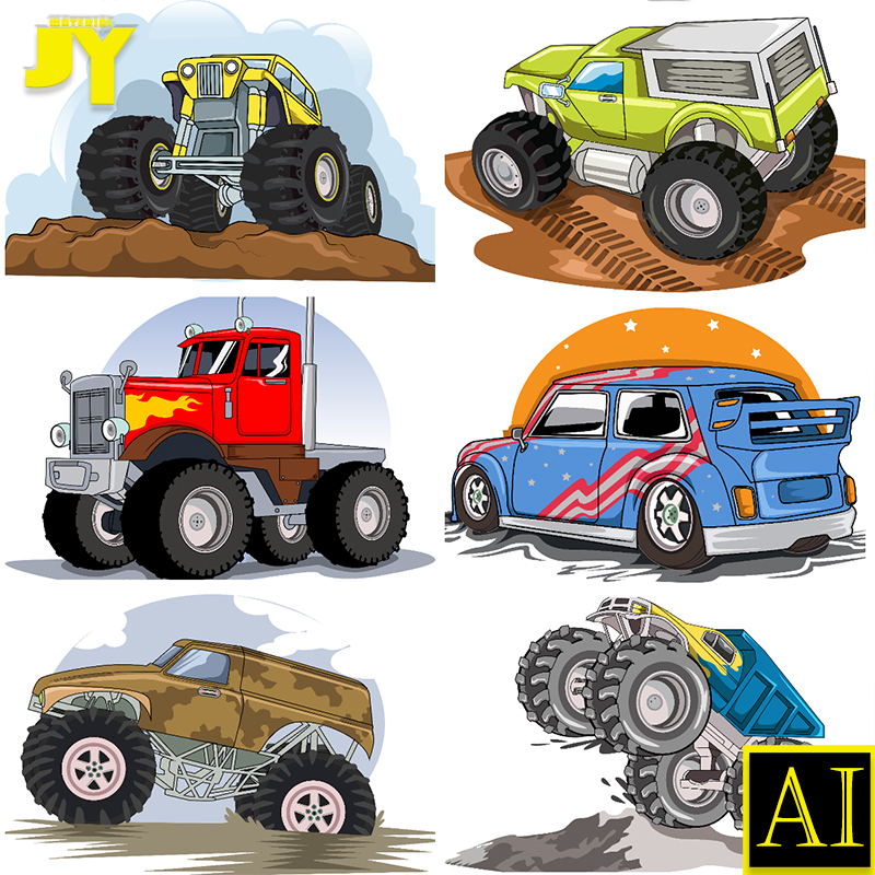 手绘卡通赛车越野车海报装饰剪贴画T恤烫画图案插画矢量设计素材