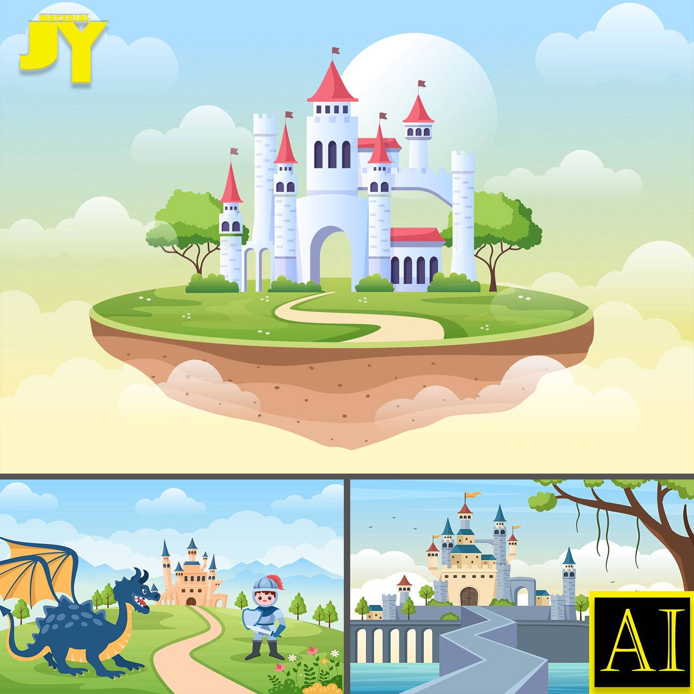 可爱卡通人物王子公主战士恐龙坐骑彩虹城堡梦幻仙境海报插画素材