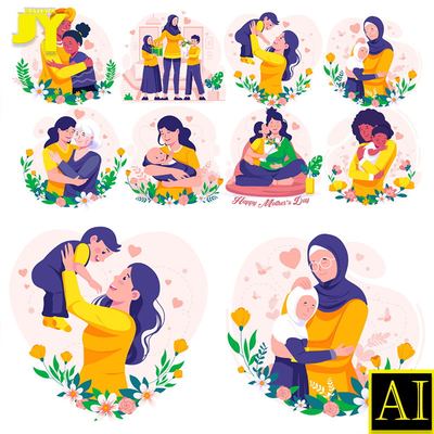 手绘扁平人物母亲节爱心亲子互动母婴温馨感恩卡通插画设计AI素材