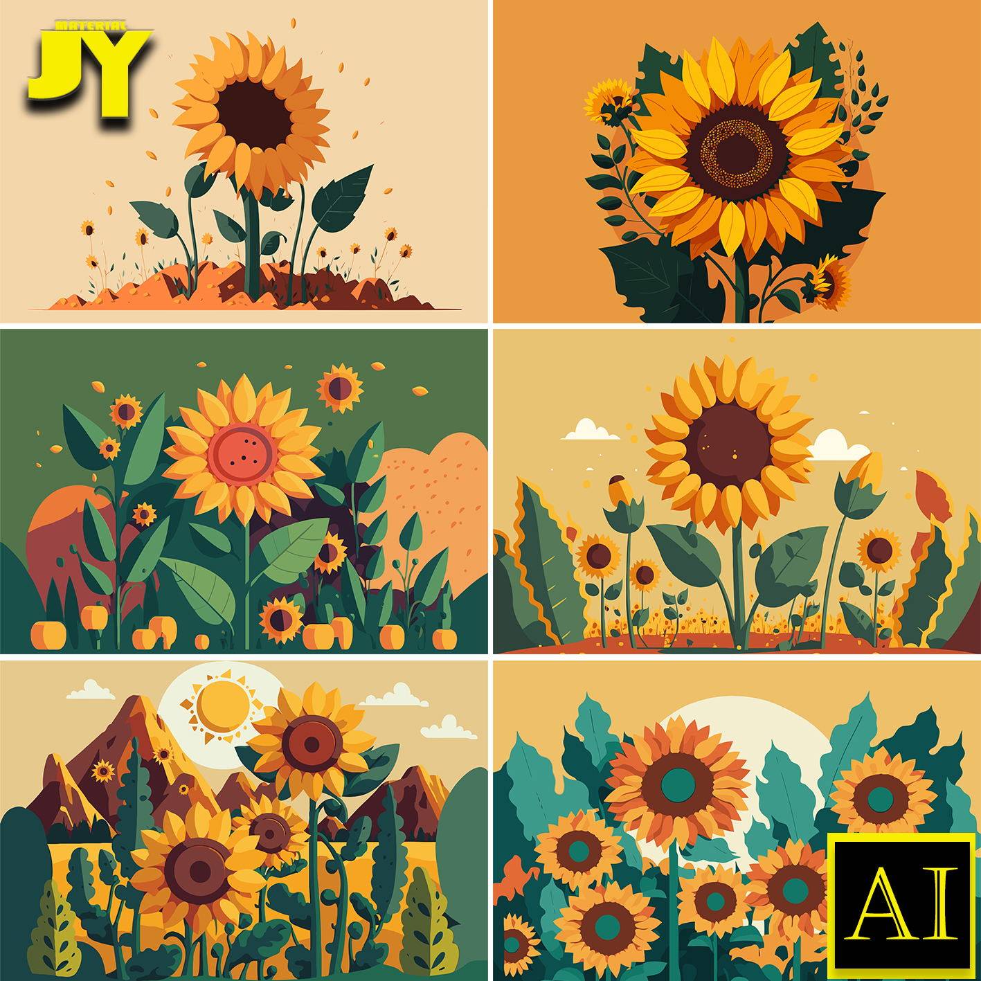 扁平化手绘油画向日葵太阳花鲜花花朵花束插画装饰画图案ai素材