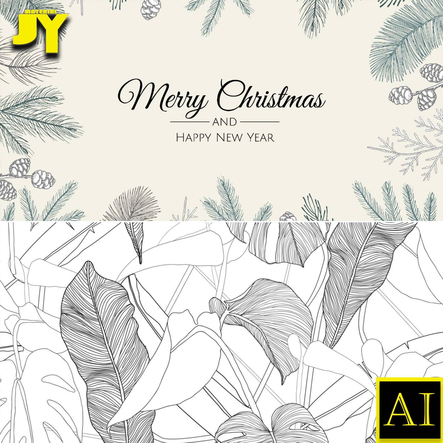 手绘线描彩绘热带雨林植物花卉叶子芭蕉叶背景墙海报插图ai素材