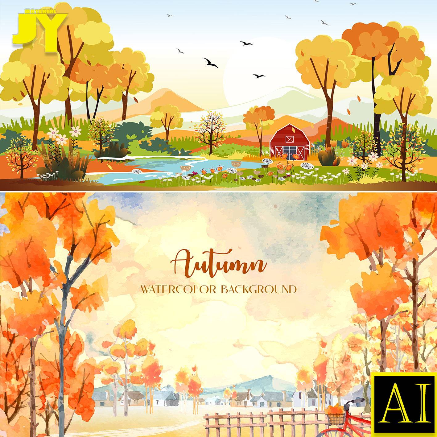 小木屋深秋自然景观树林野外户外秋季卡通森系治愈系风景插画素材