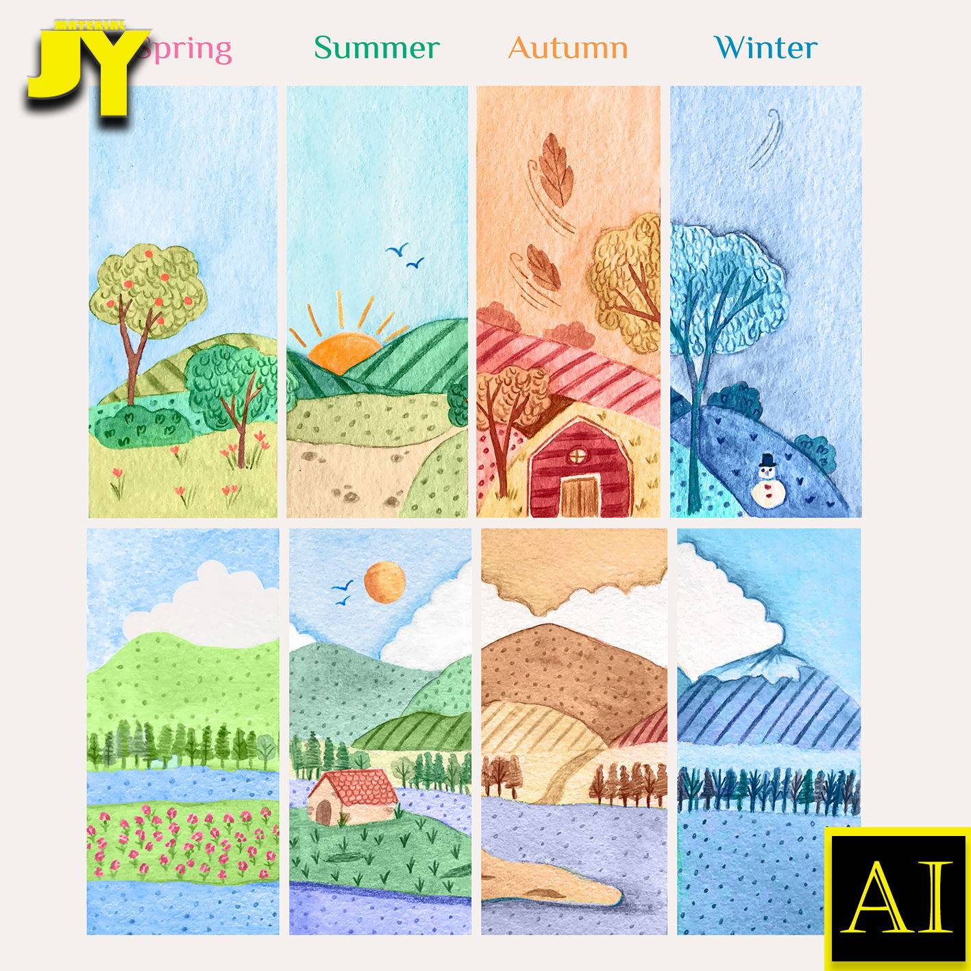 儿童画彩铅素描线描春夏秋冬手绘风景书签卡片海报插画背景AI素材