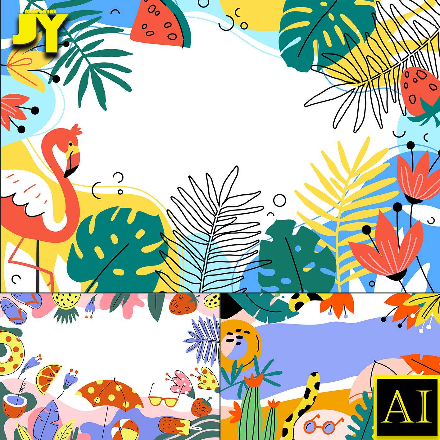 热带雨林植物花卉火烈鸟西瓜夏天水果元素边框海报插画背景ai素材