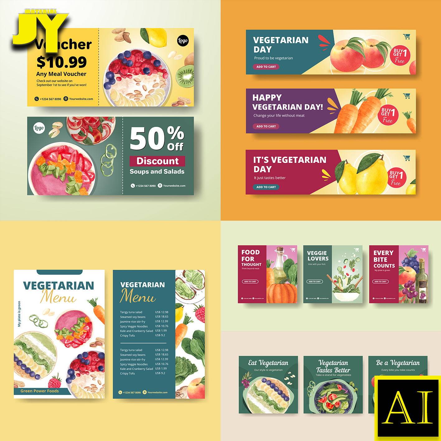 手绘水彩胡萝卜白菜苹果芒果蔬菜水果沙拉生鲜简介海报插画ai素材