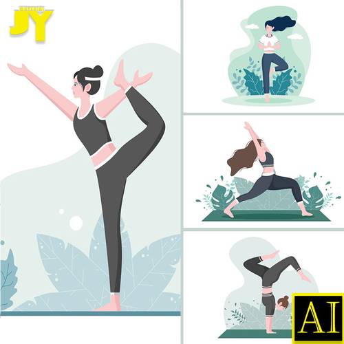 手绘卡通扁平化人物家庭普拉提瑜伽插图插画挂画矢量设计AI素材