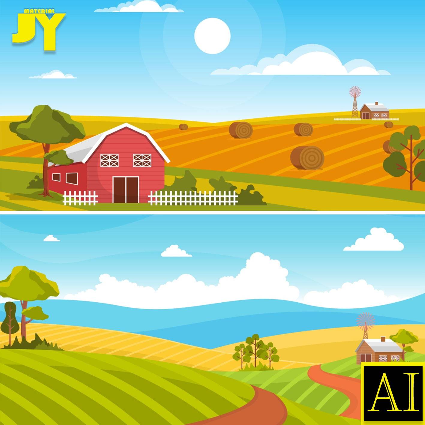 手绘绿色家乡麦田播种耕地田园田庄新农村城建插画ai矢量设计素材