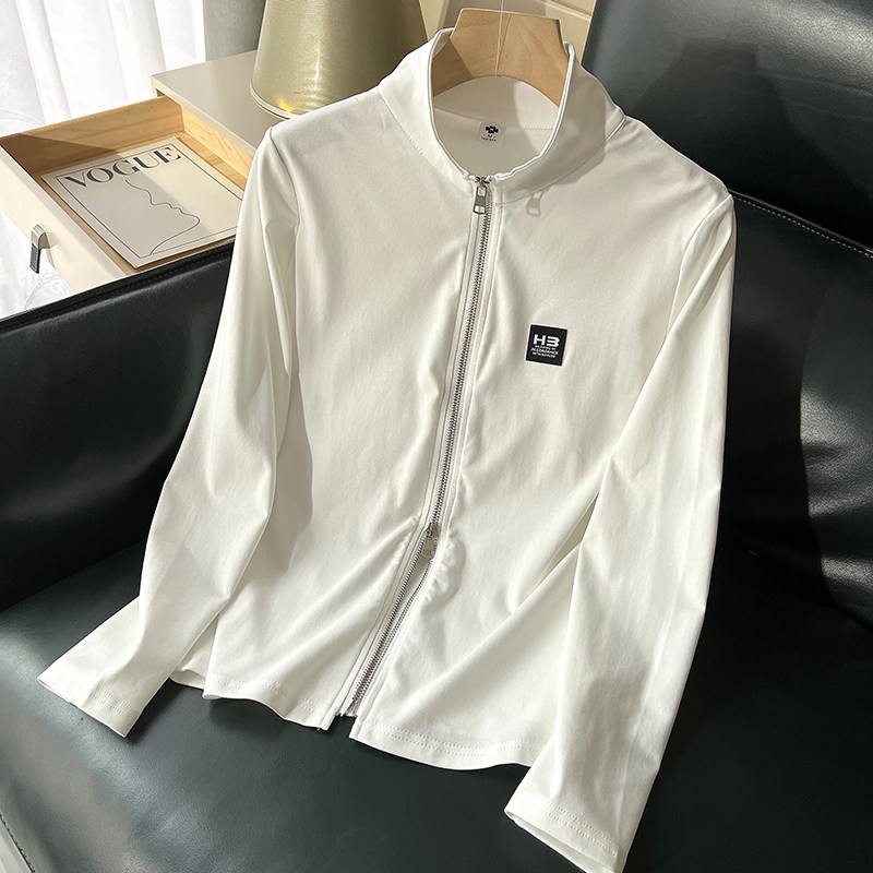 早秋开衫外套女薄款纯棉翻领双拉链卫衣长袖t恤立领休闲运动上衣